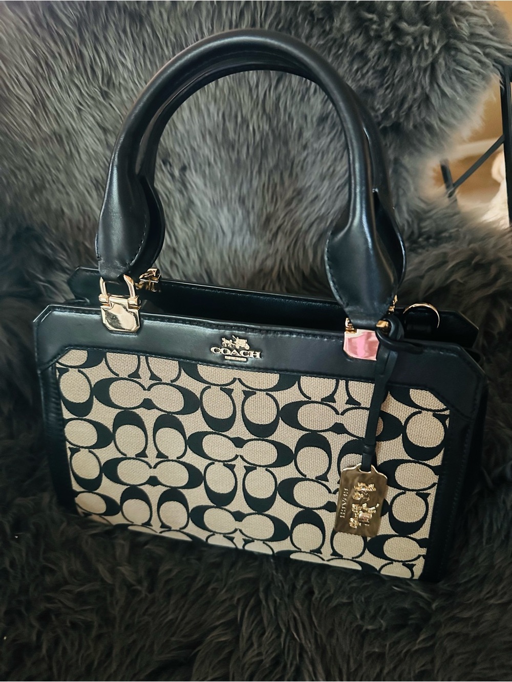 Vintage Coach Madison Black and Beige Satchel with Gold Hardware